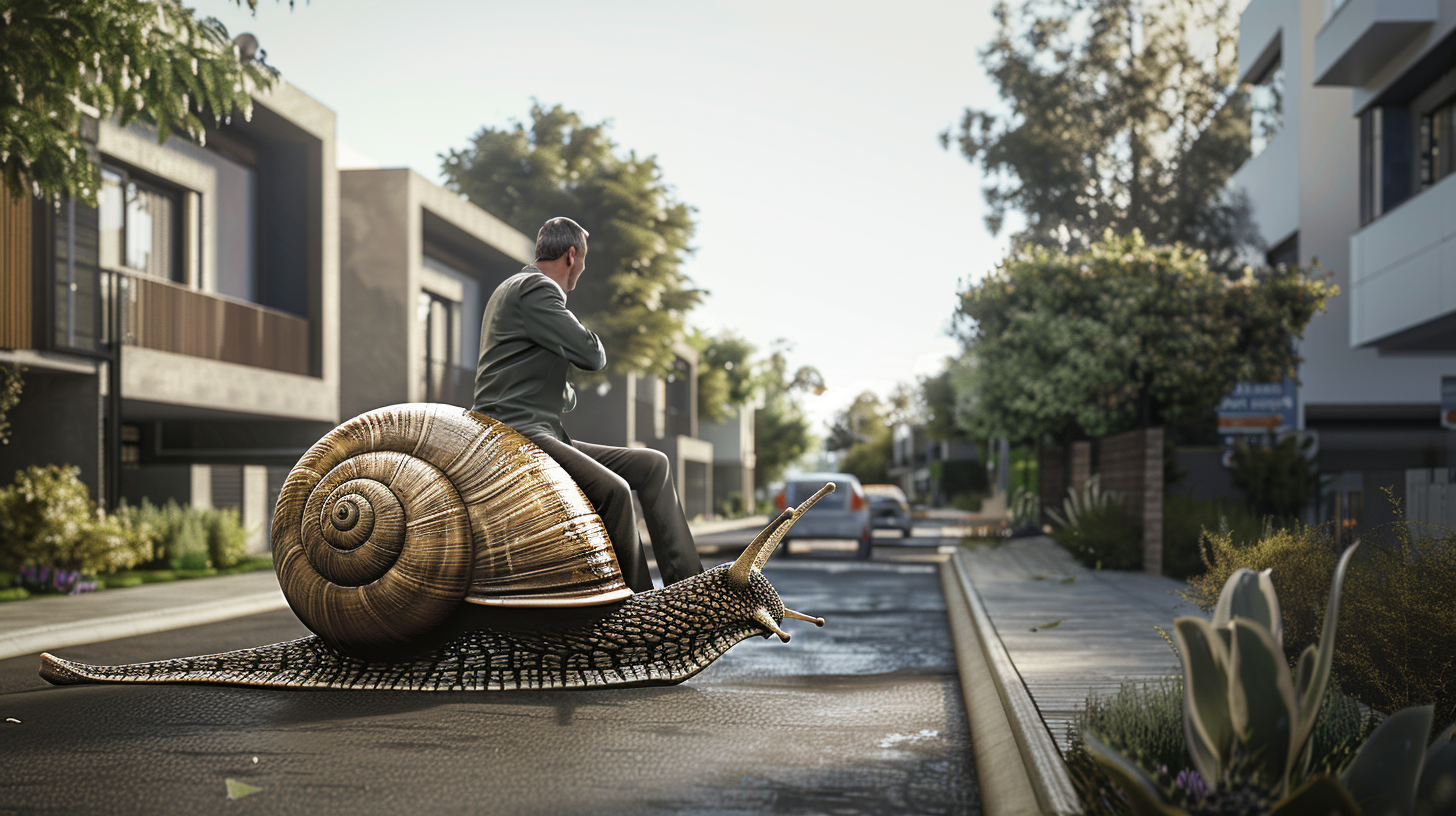 Sad real estate agent on snail in modern neighborhood.