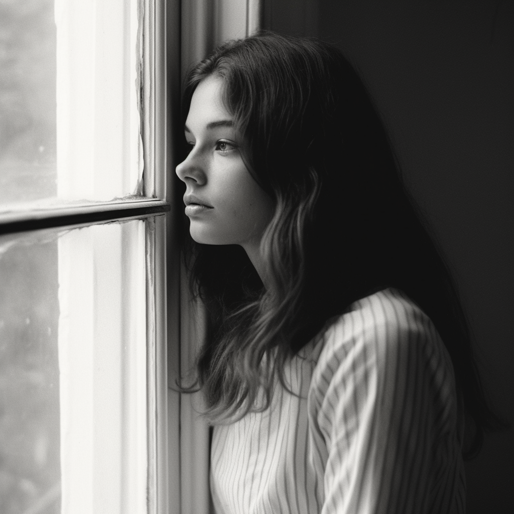 Sad young woman gazes out window in 70s.