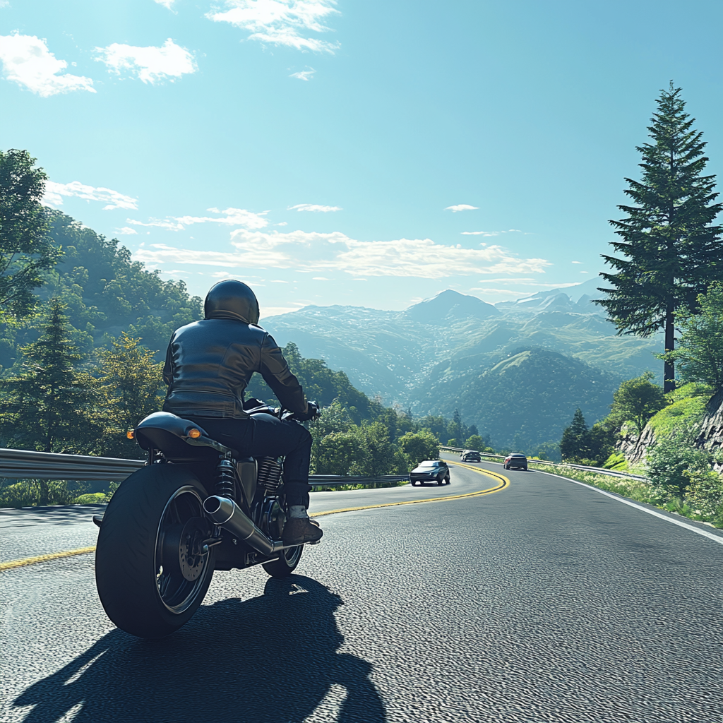 Safe motorcyclist enjoys scenic ride through lush landscape.