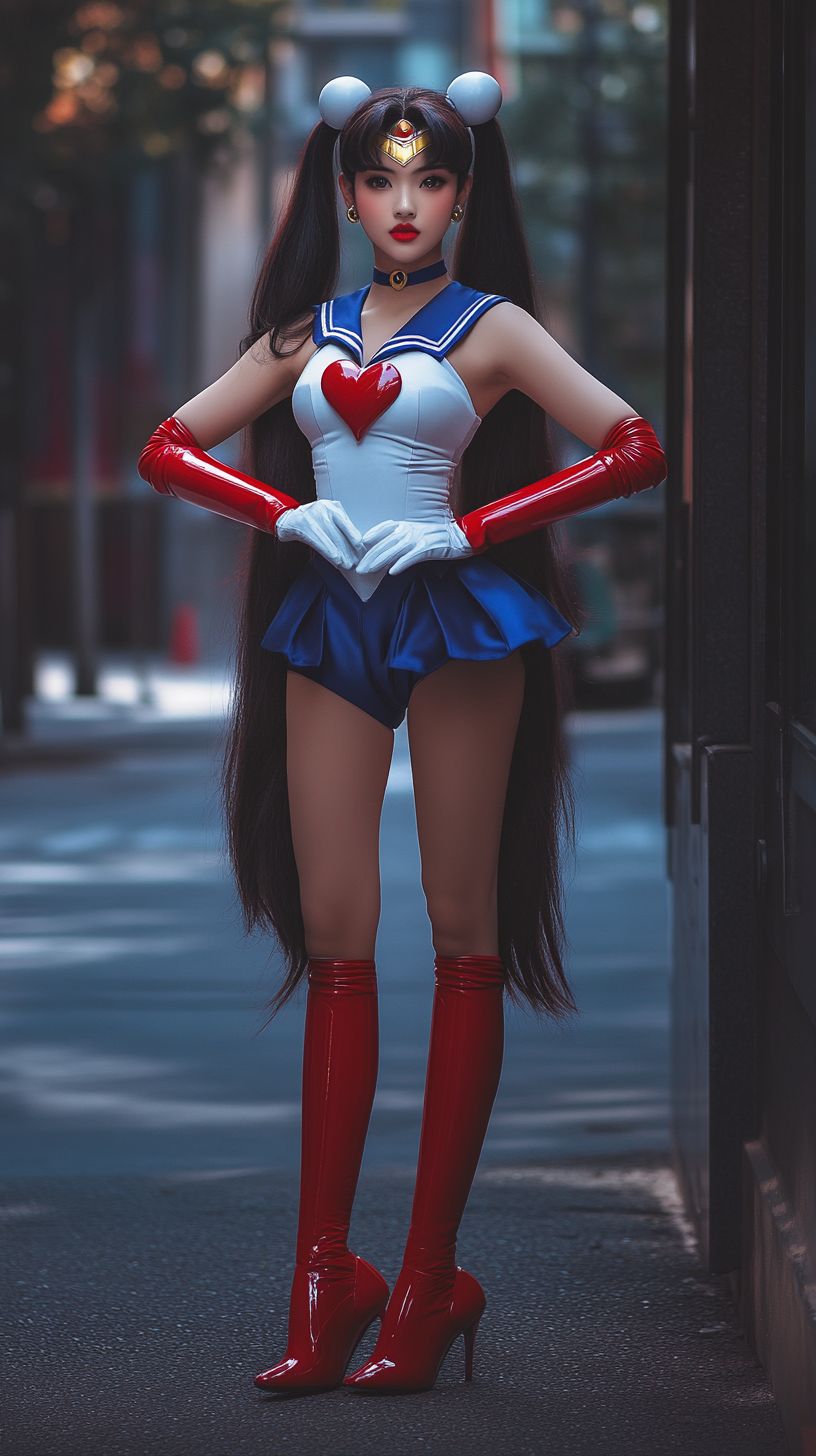 Sailor Moon cosplay: character in dynamic action stance.