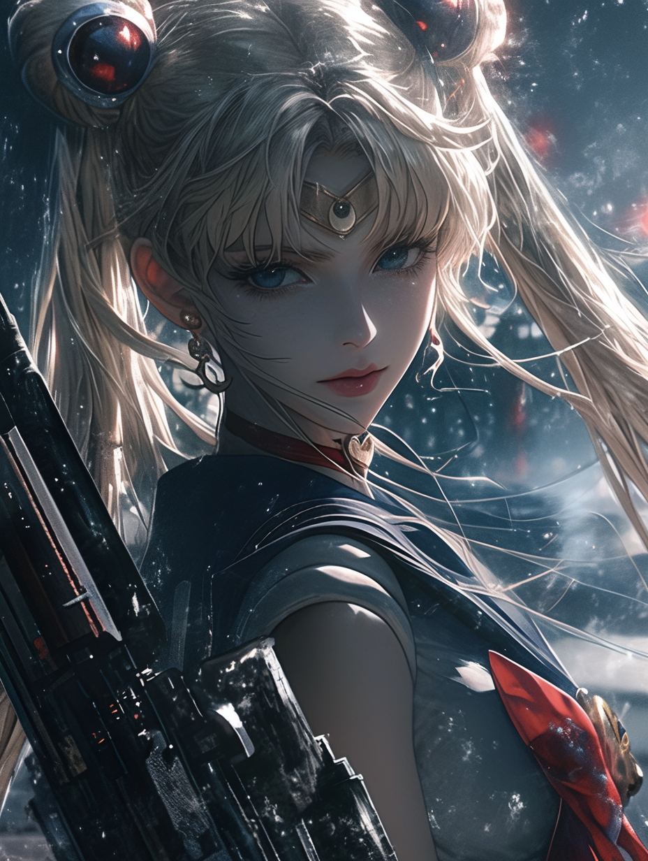 Sailor Moon in anime style with machine gun.