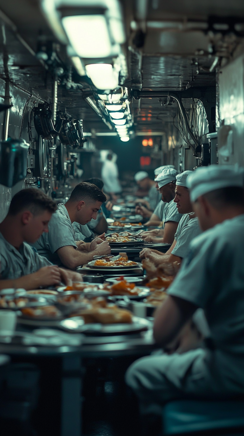 Sailors relaxing in mess hall after long day.