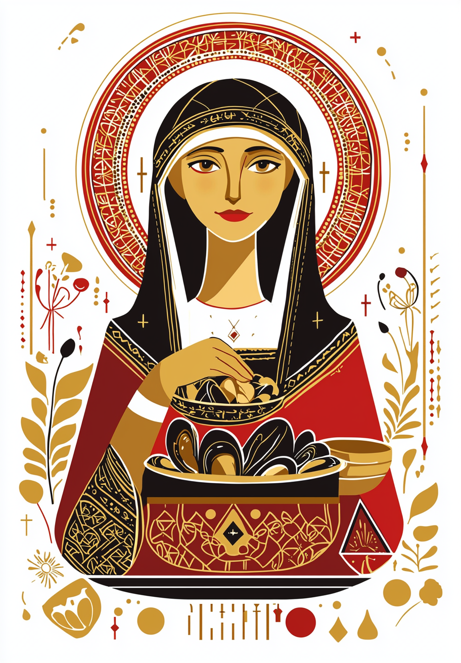 Saint Lucy Cooking Mussels - Slavic Style Illustration