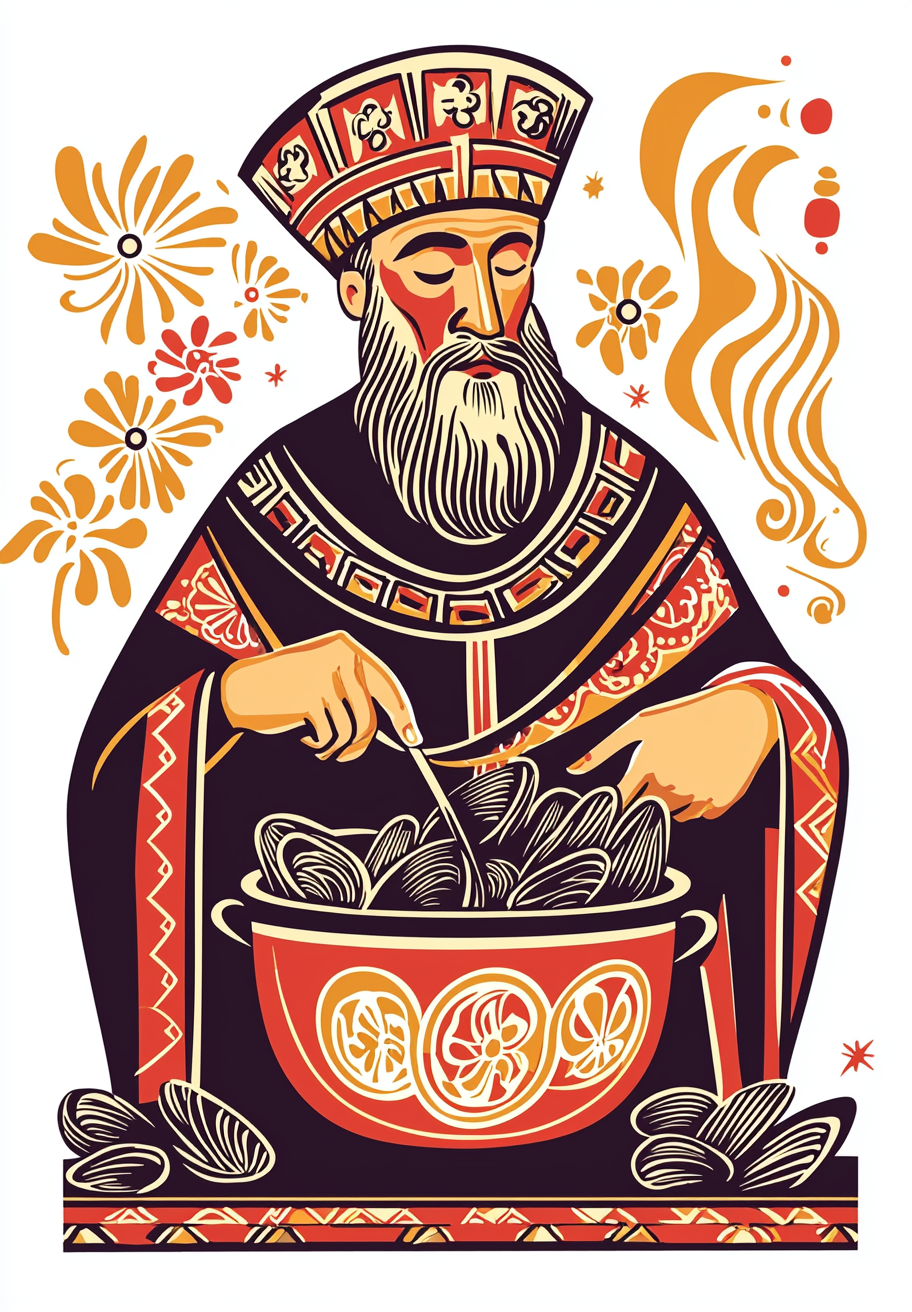 Saint Nicholas Cooking Mussels in Slavic Saint Icon Style