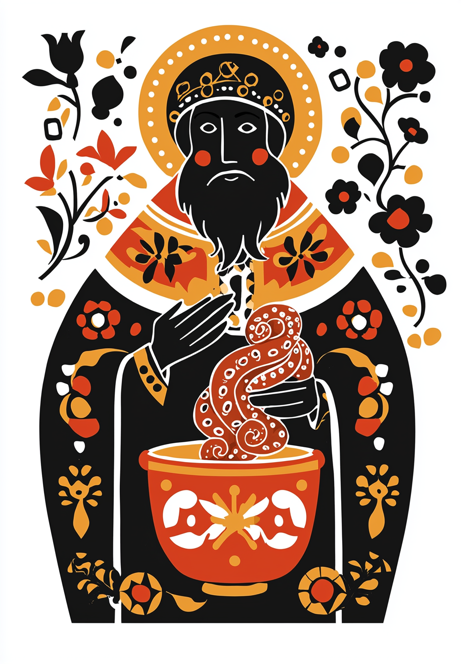 Saint Nicholas Cooking Octopus in Slavic Style