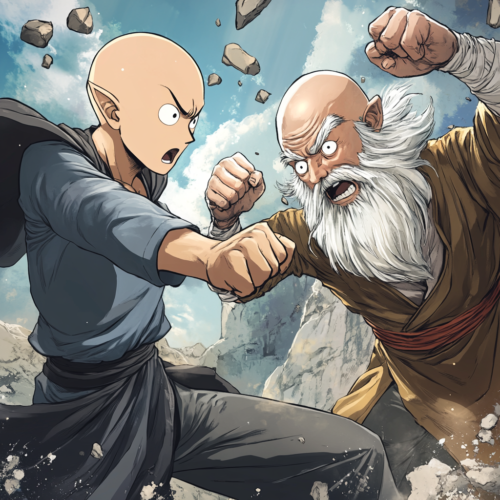 Saitama throws fast punches, Tom dances joyfully.