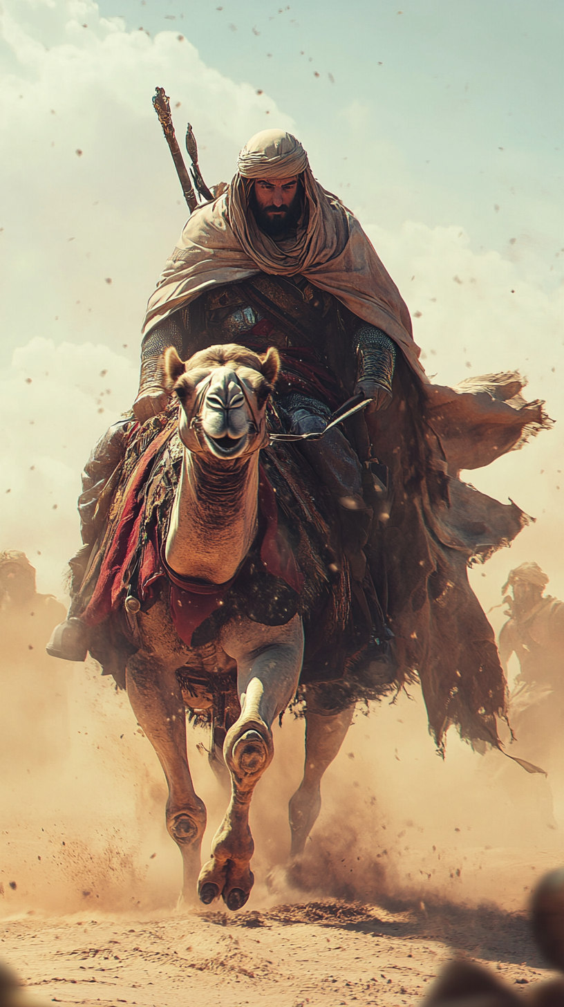 Saladin riding camel through desert, pursued by Baldwin's forces.