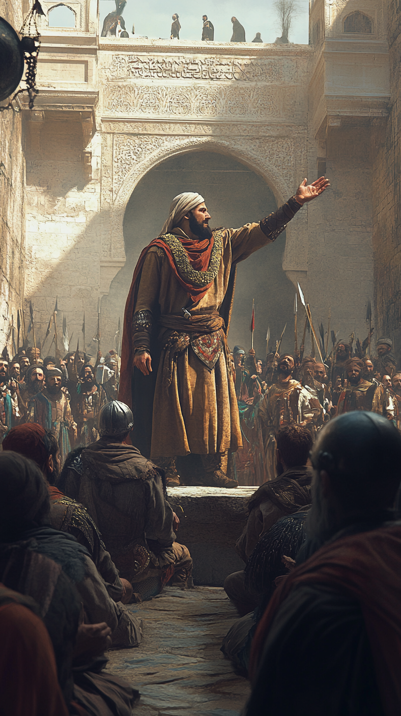 Saladin showing mercy to citizens after battle worshipfully grateful