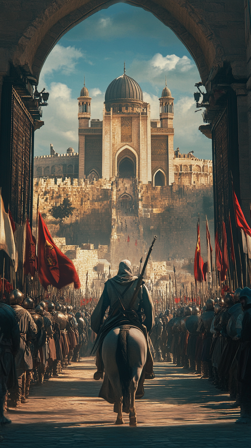 Saladin triumphantly enters Jerusalem with soldiers, city gates open.