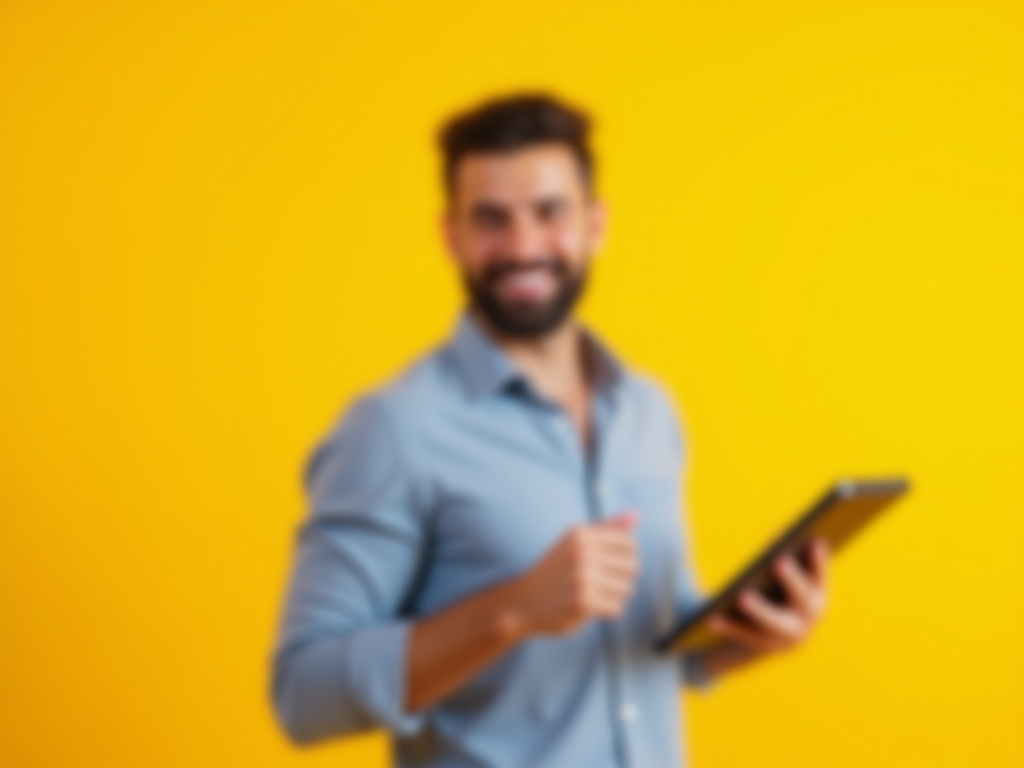 Sales Rep Presenting Product on Yellow Background