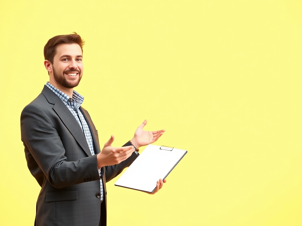 Salesman Showcasing Product on Yellow Background