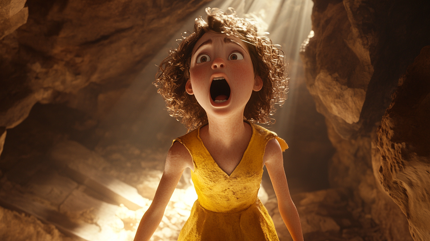 Sally, girl with curly hair, shouting in cave.