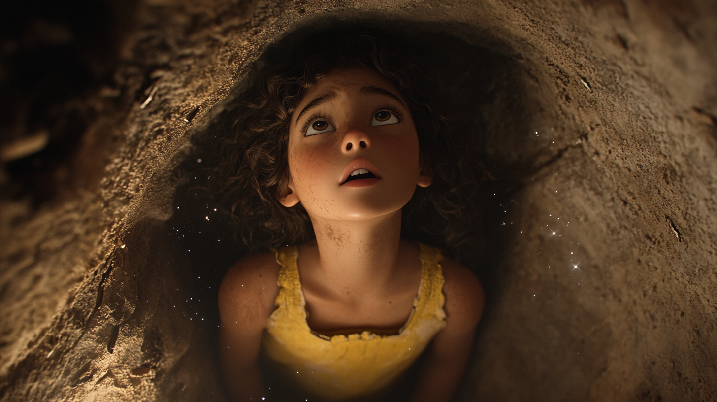 Sally, young girl with curly brown hair, gazing up, stars visible, yellow dress slightly dirty