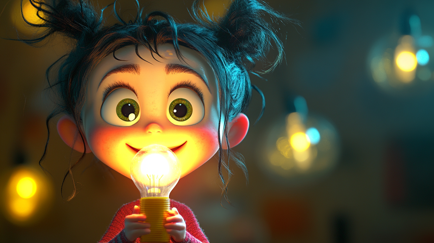 Sally excited with bright idea, animated style, detailed, realistic.