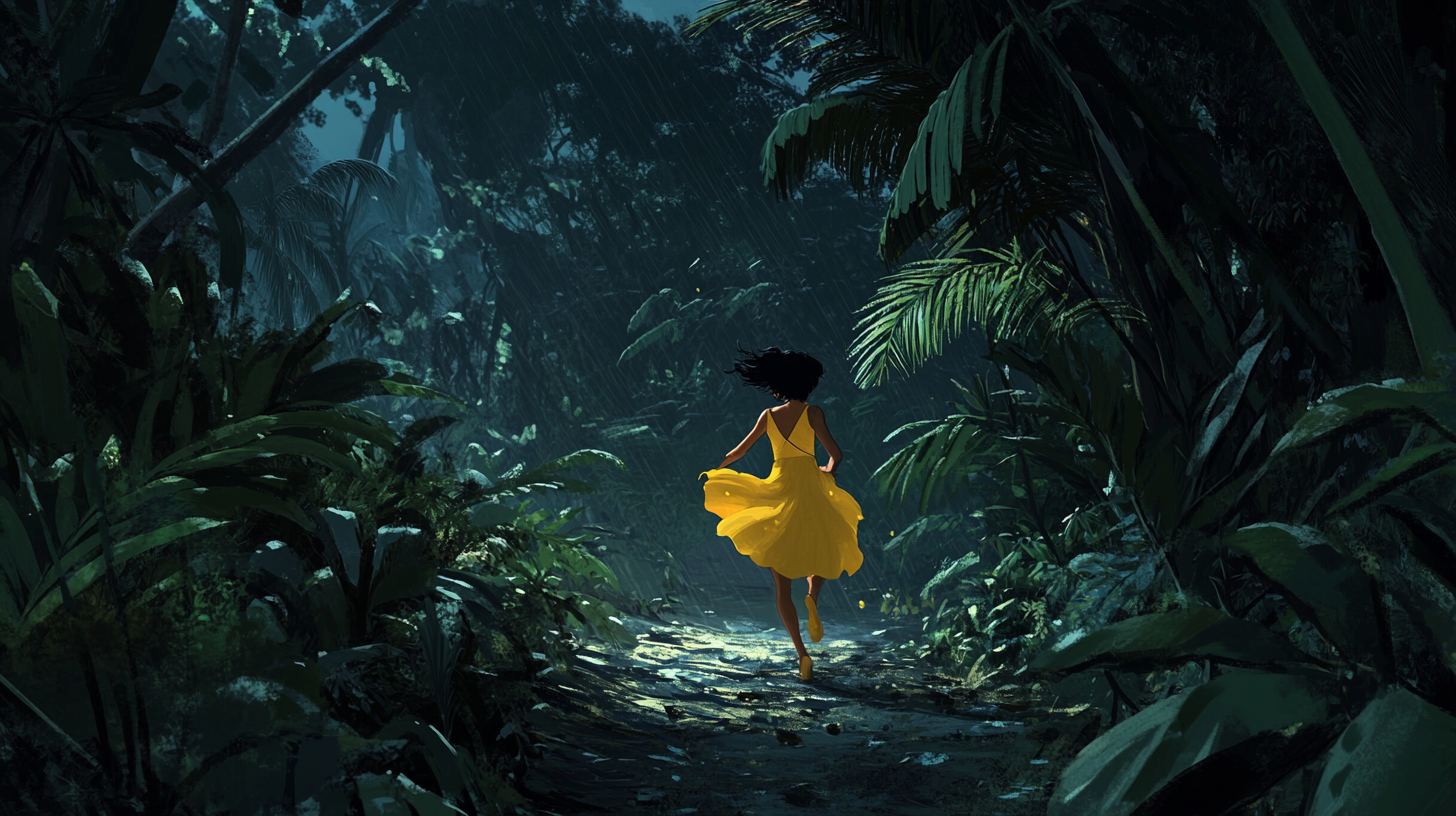 Sally in yellow dress plays hide-and-seek in jungle.