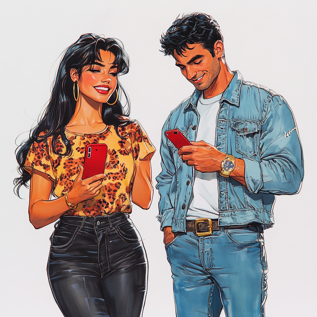 Salma Hayek and Latino male in fun comic style portrait