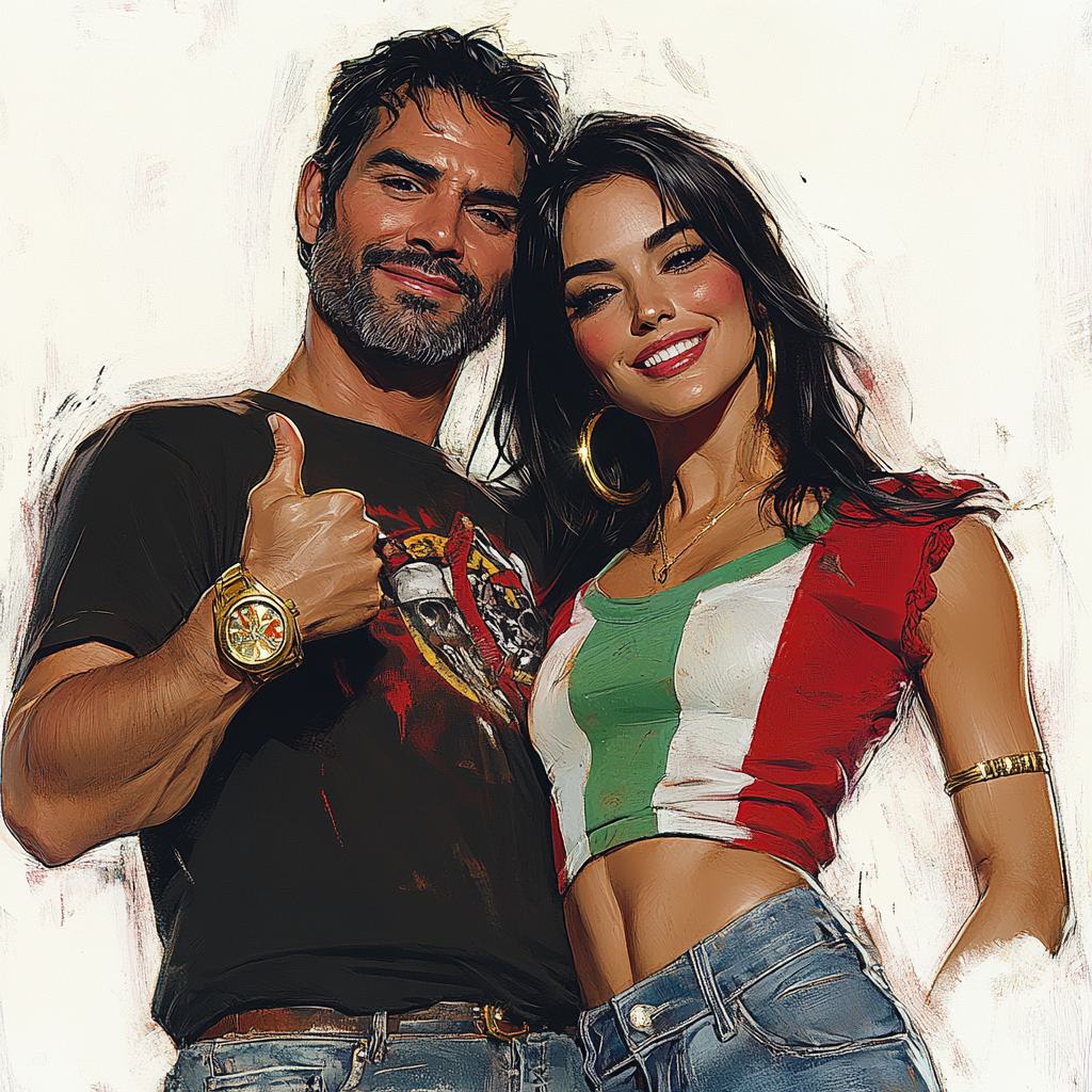 Salma Hayek and Latino man in comic portrait.