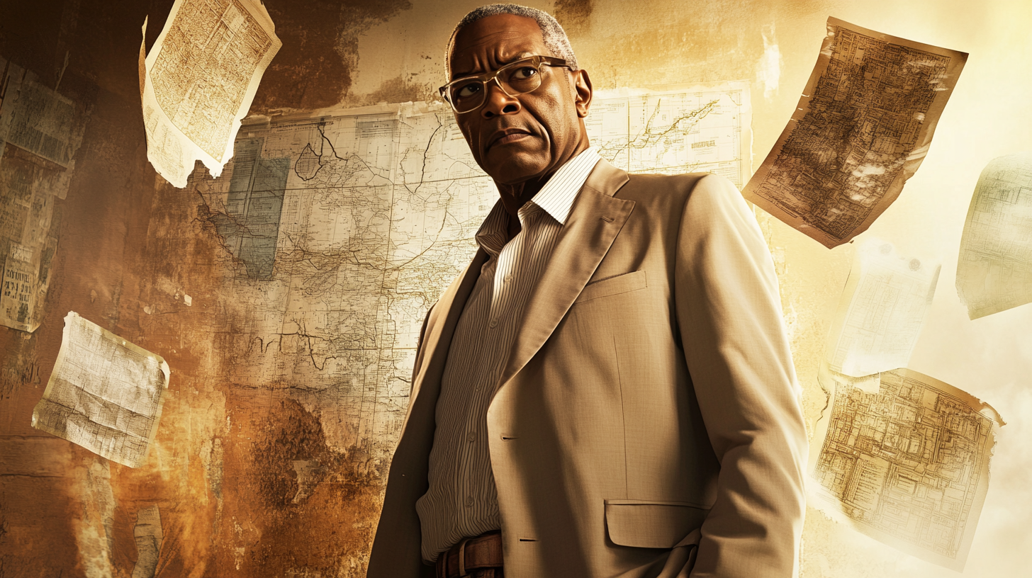 Samuel L Jackson in stylish tan suit with maps