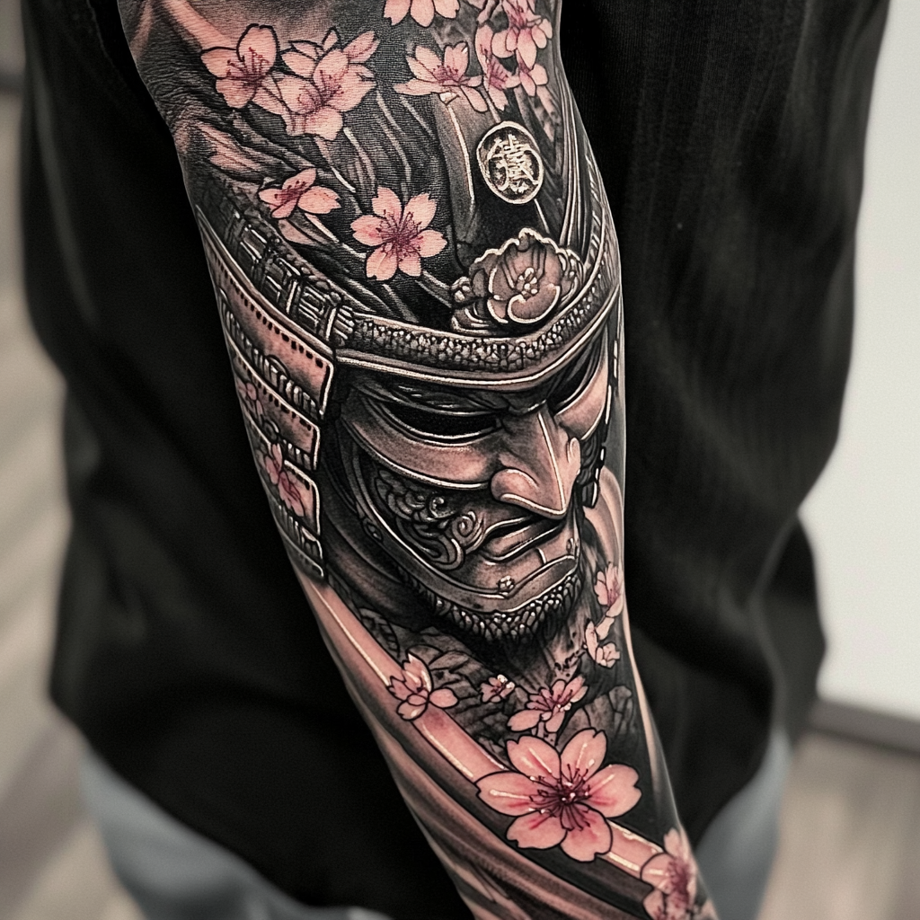 Samurai Hannya Mask Tattoo Design with Katana & Cherry Blossoms