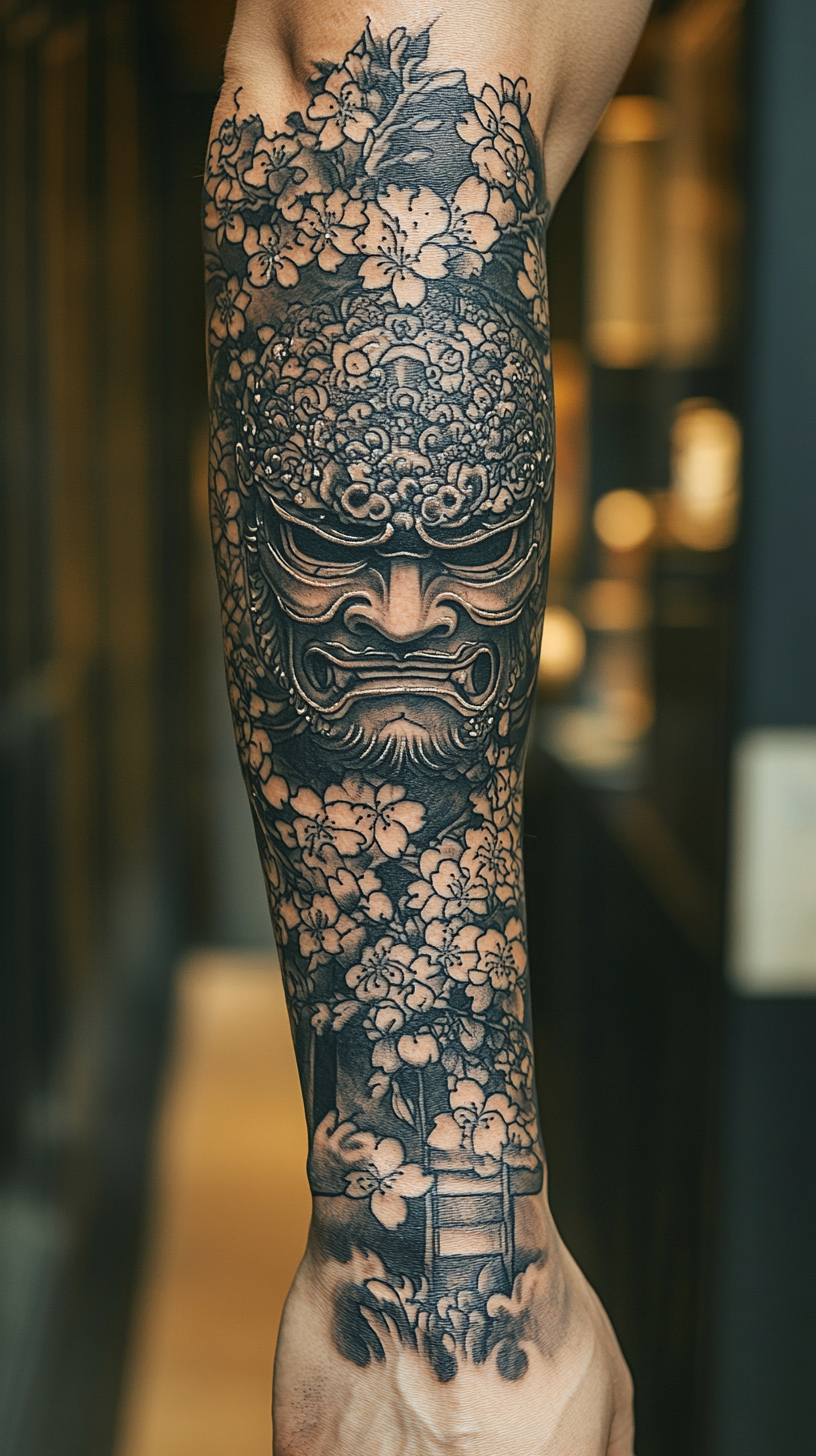 Samurai Hannya Mask Tattoo Design with Katana and Cherry Blossoms