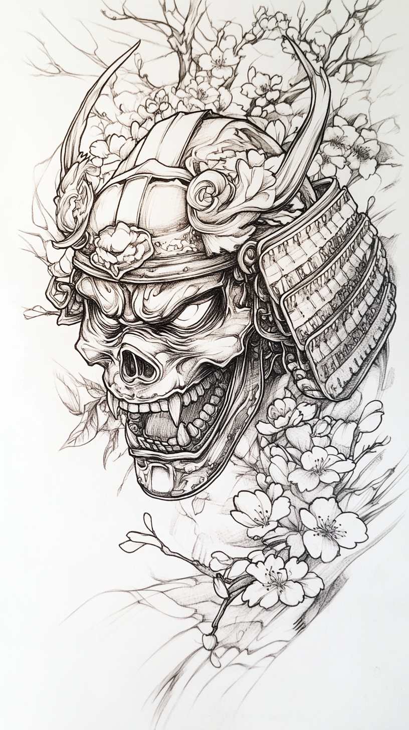 Samurai Hannya Mask Tattoo Design with Skull Outline, Detailed Line Work, Cherry Blossom Background