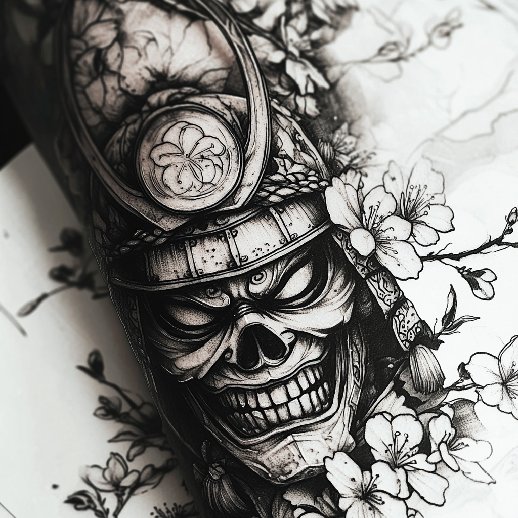 Samurai Hannya Mask Tattoo Design with Skull and Cherry Blossoms