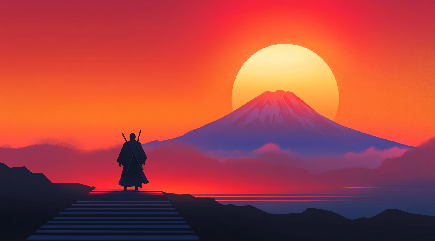 Samurai Observing Mount Fuji at Sunset