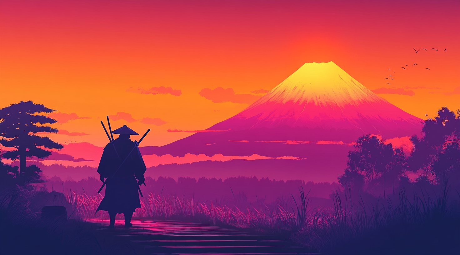 Samurai Overlooking Path to Mt. Fuji at Sunset