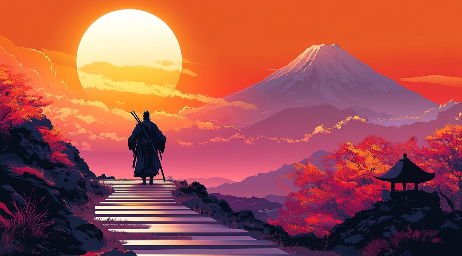 Samurai Viewing Mount Fuji at Sunset, Game Art