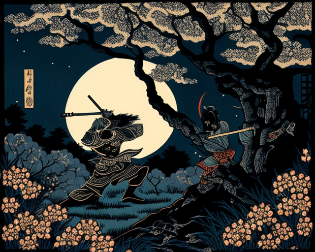 Samurai and Ninja Duel Under Full Moon