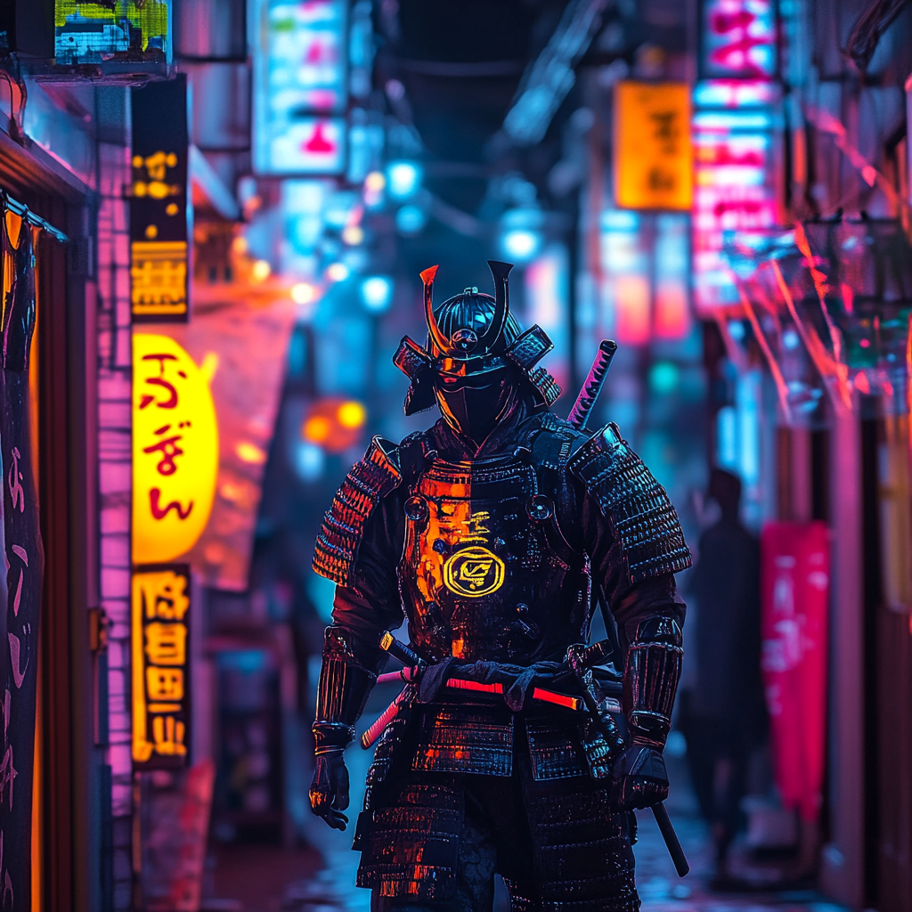 Samurai exploring Tokyo alley with neon lights and ads.