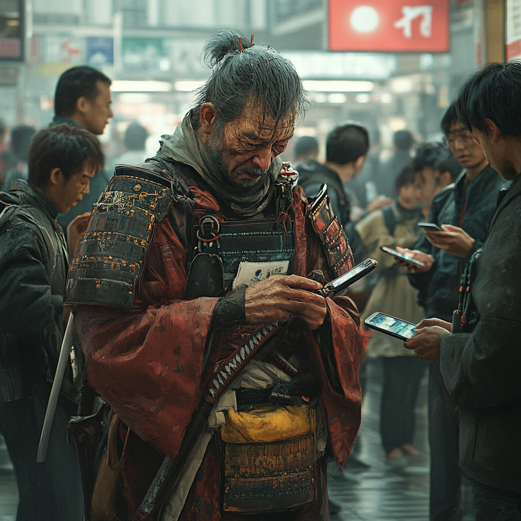 Samurai in ancient armor baffled by modern smartphones.