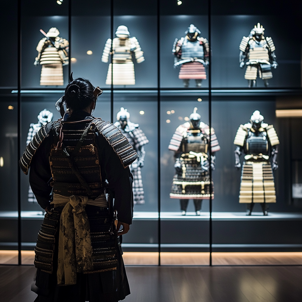 Samurai in museum, pondering ancient armor and weapons.