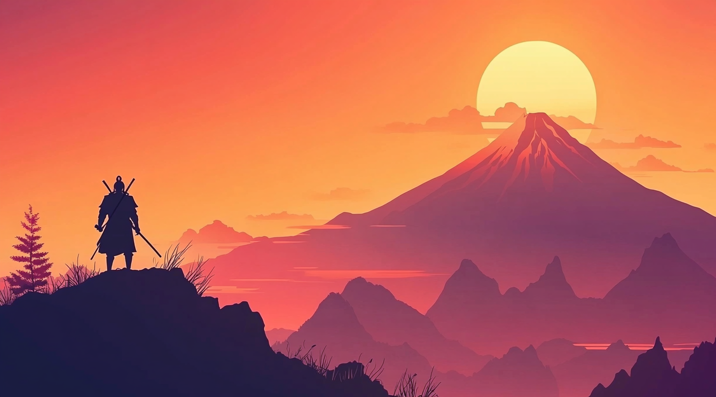 Samurai on Mountain Path: Simple Game Art Design