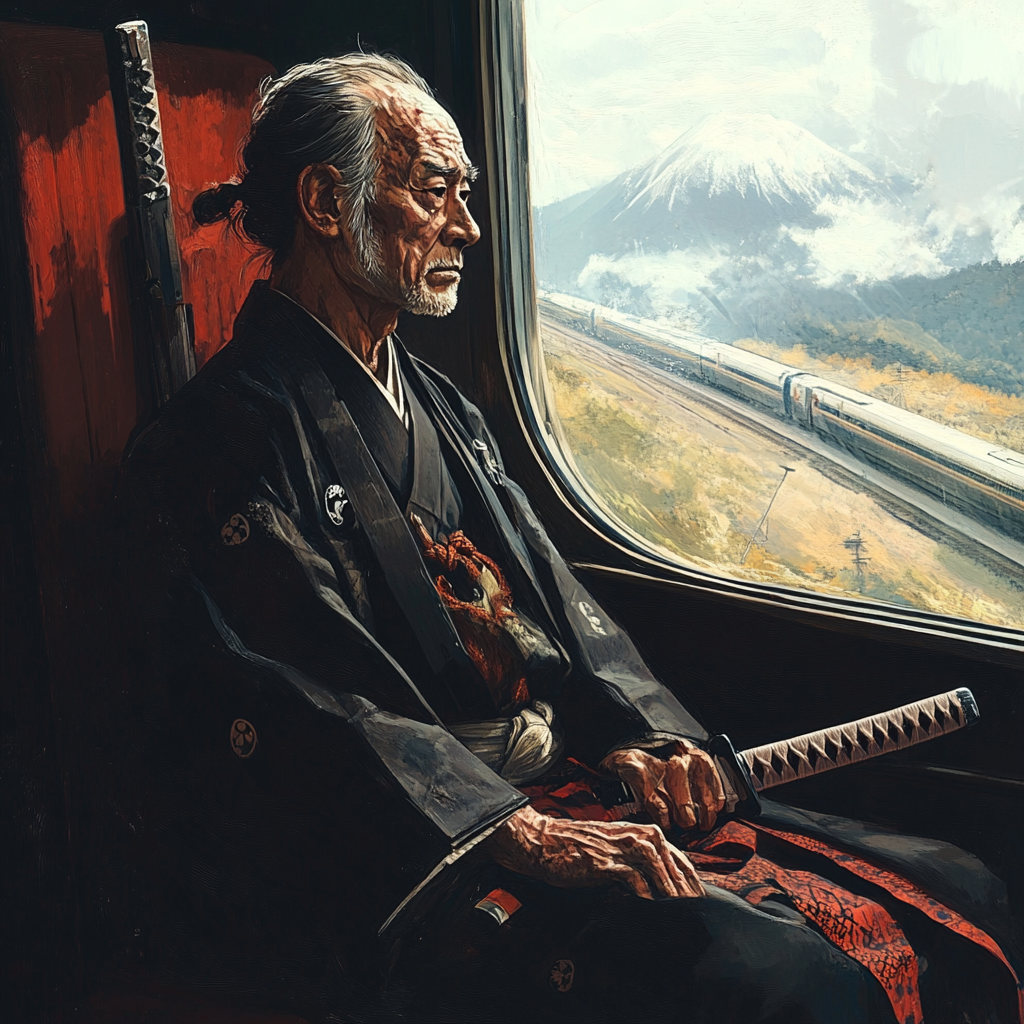 Samurai on bullet train, katana by his side.