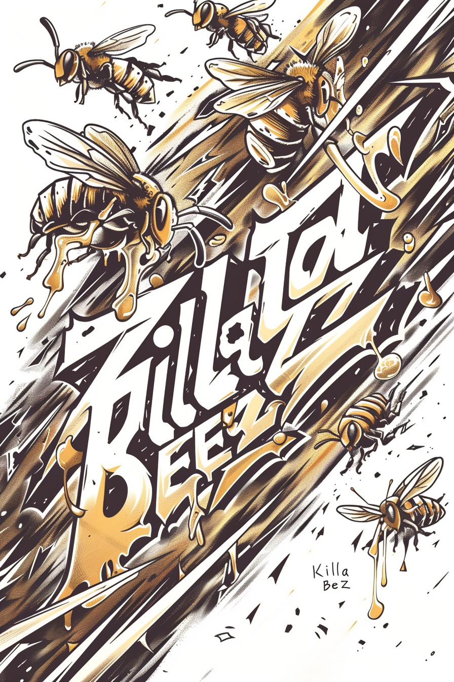 Samurai-style typography with honey, killer bees, sharp details.