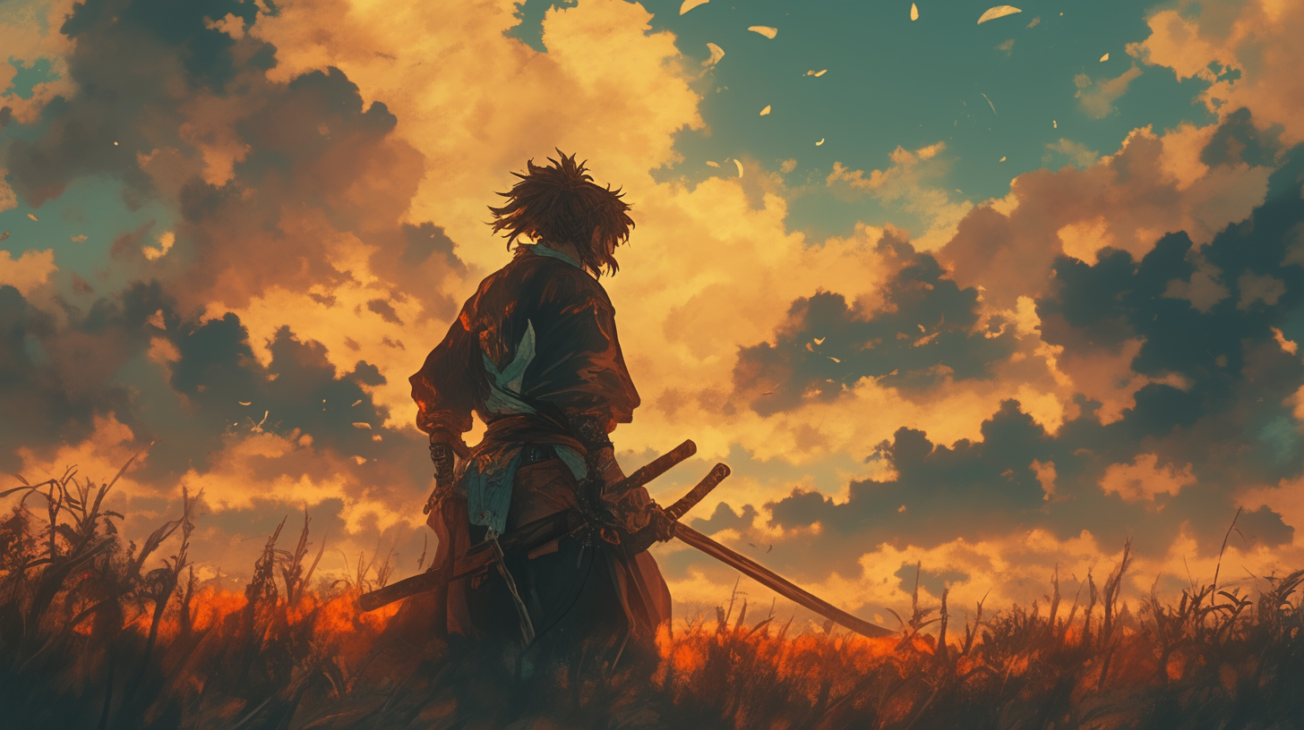 Samurai warrior battling in field at sunset, anime style