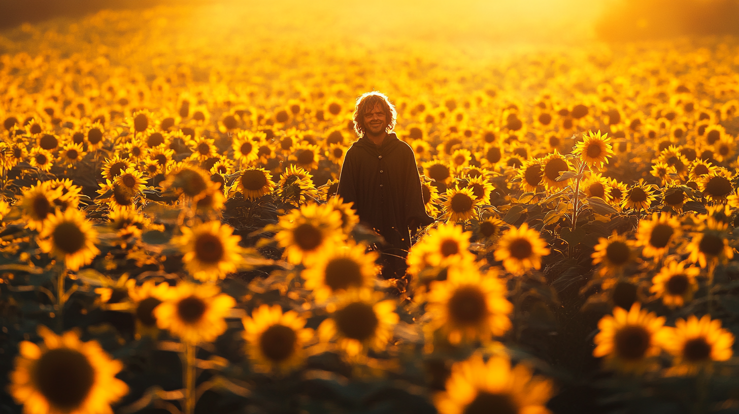 Samwise Gamgee in a sunflower field under autumn sun.