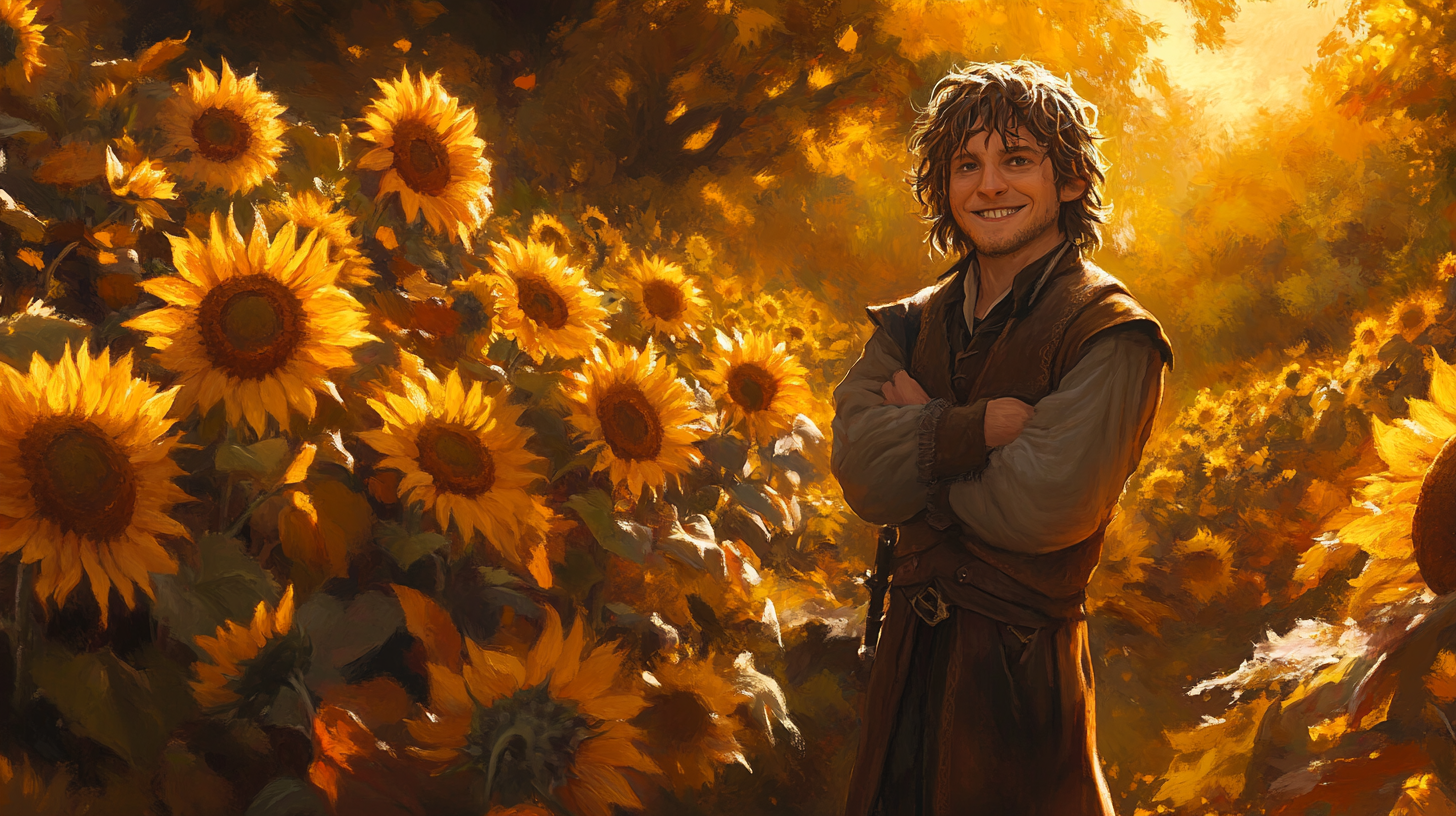 Samwise in sunflower field with warm autumn colors.