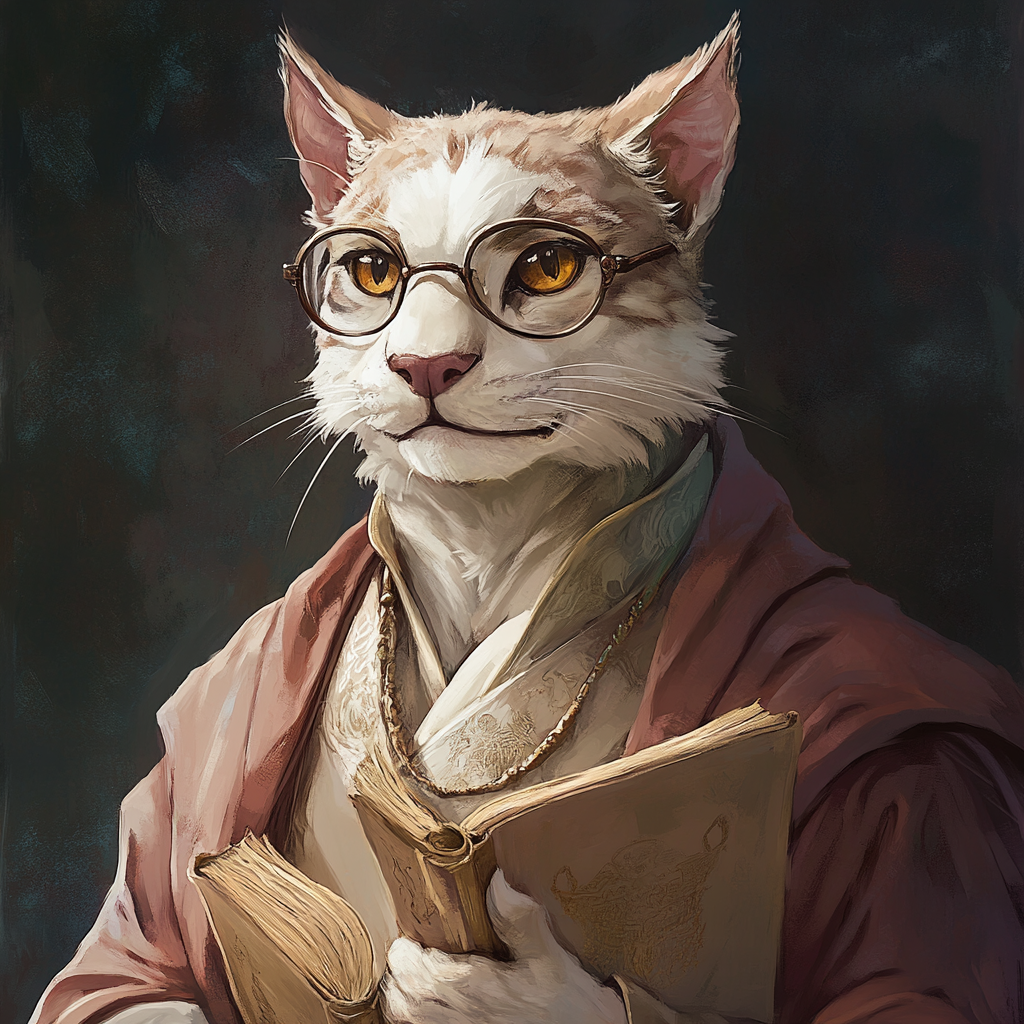 Sandy-furred tabaxi with glasses holds scrolls and books.