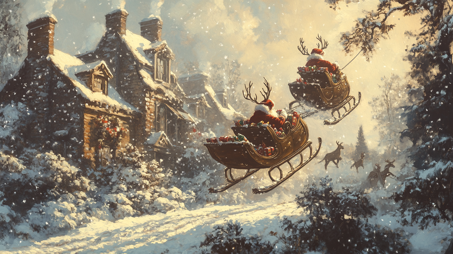 Santa's Classic Christmas Sleigh Ride Over Snowy Town