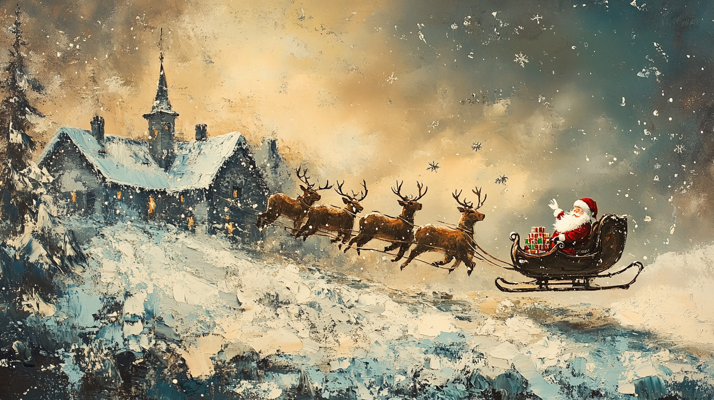 Santa's Sleigh Soaring Over Snowy Christmas Town