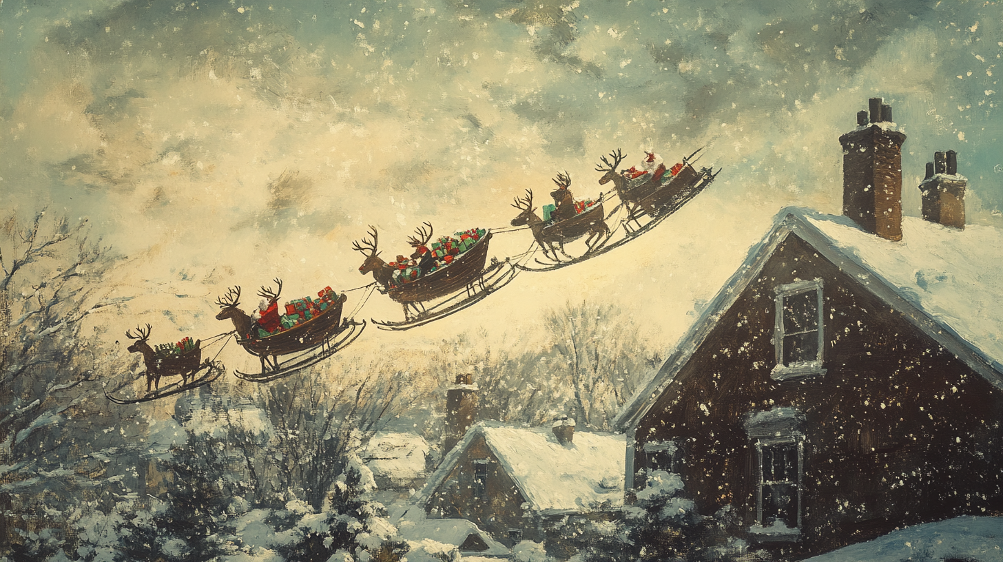 Santa's Sleigh Soaring Over Snowy Rooftop Morning.