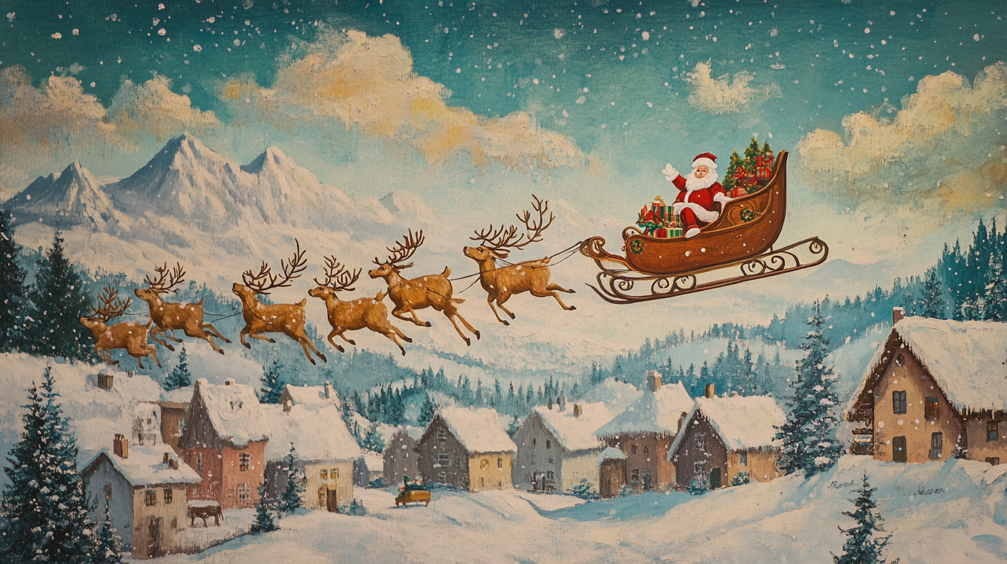 Santa's Sleigh over Snowy Town on Christmas Morning