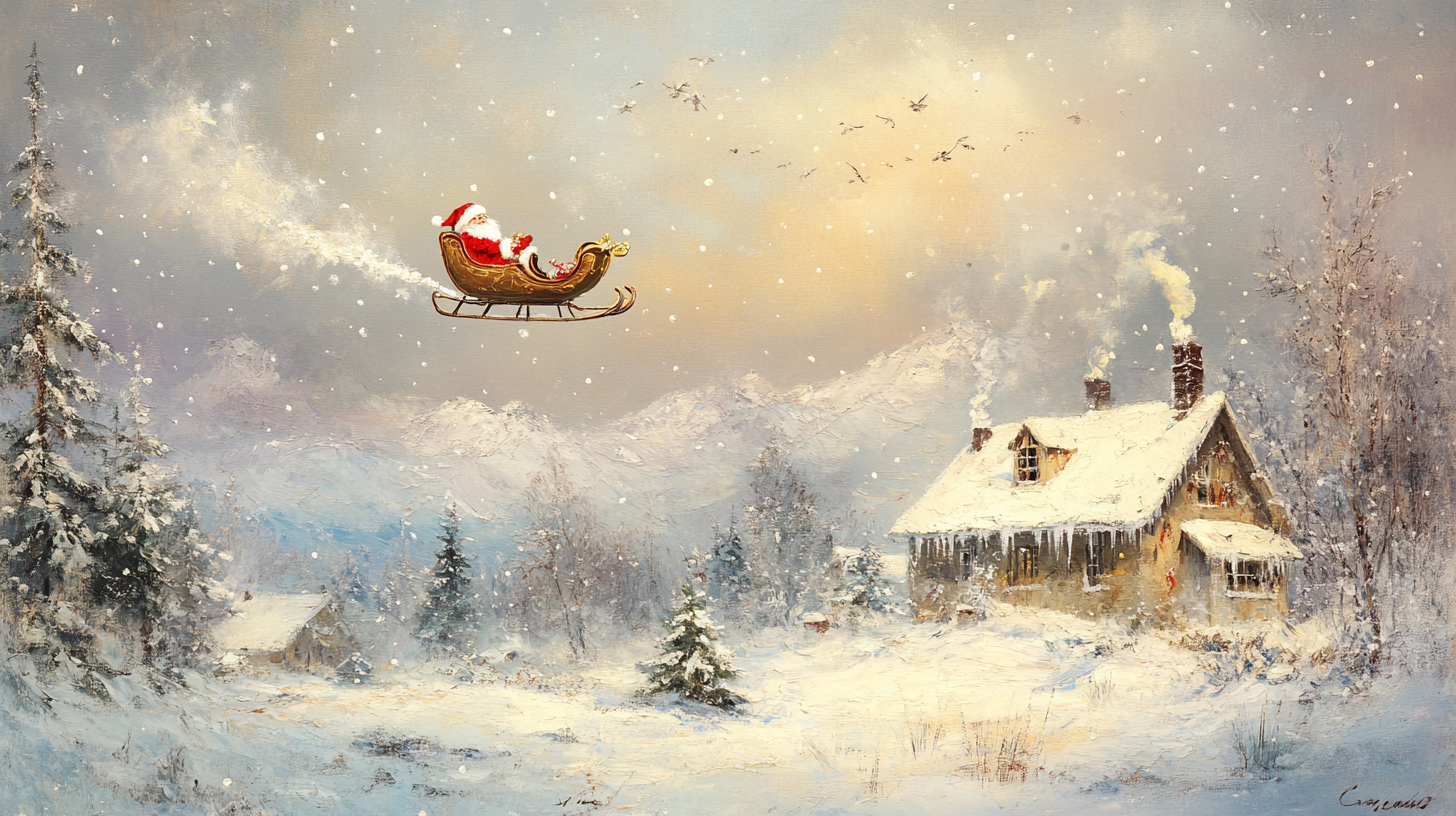 Santa's Vintage Christmas Sleigh Ride Over Snowy House.