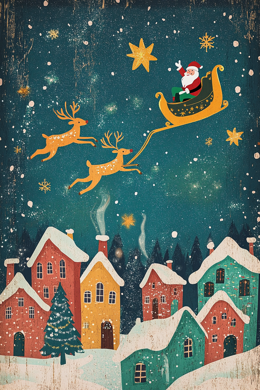 Santa's reindeers fly through night sky.