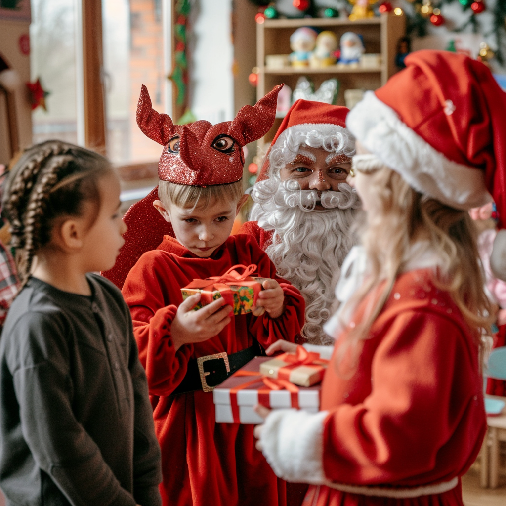 Santa, devil, angel visit kids with gifts