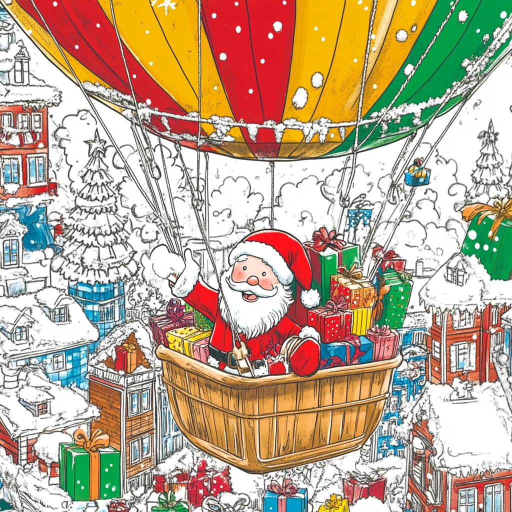 Santa Claus Arrives in Hot Air Balloon with Gifts 