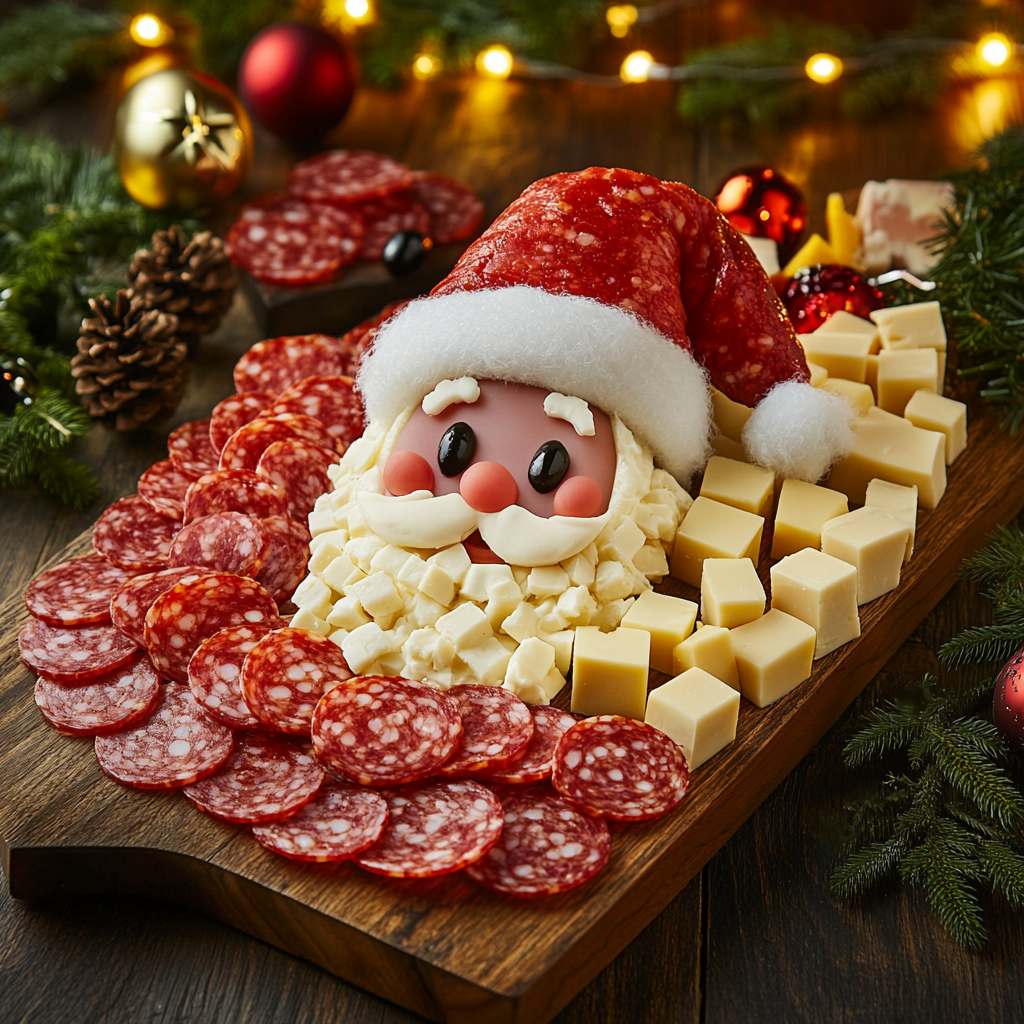 Santa Claus Charcuterie Board with festive decorations.