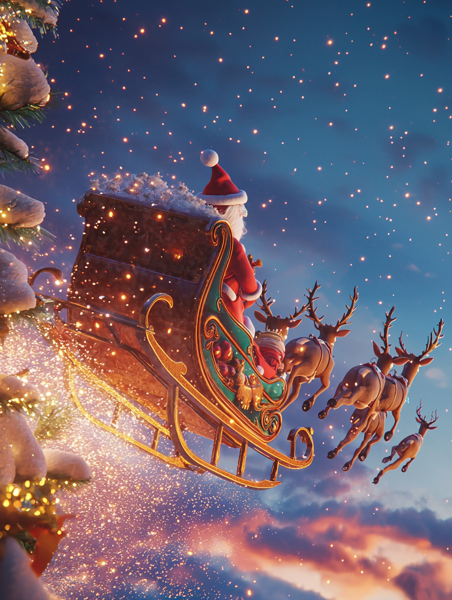 Santa Claus Riding Sleigh Under Starry Sky